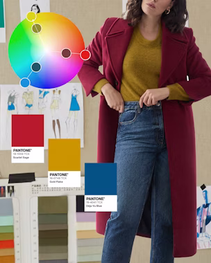 Immagine della ruota dei colori con esempi di outfit che mostrano come abbinare colori complementari, analoghi, triadici e monocromatici nei tuoi look quotidiani.