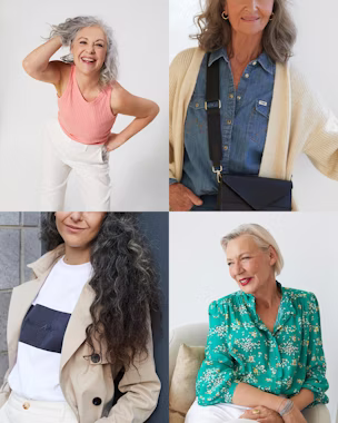 Mulheres com cabelo branco ou grisalho a usar roupas em cores que valorizam o seu tom de pele e estilo pessoal