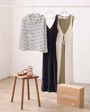 Lookiero edit of light yet classy pieces: striped sailor top, blue eyelet midi dress, khaki knit dress and flat sandals for a casual-chic look.