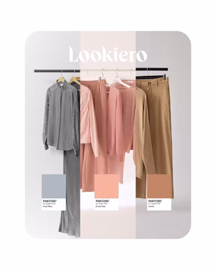 Appendiabiti in tre blocchi: a sinistra outfit grigio perla, al centro capi rosa polvere, a destra pantalone e giacca camel, corredati dalle palette Pantone.