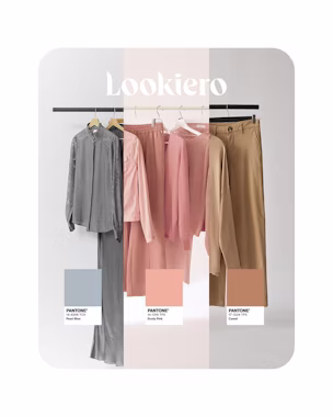 Appendiabiti in tre blocchi: a sinistra outfit grigio perla, al centro capi rosa polvere, a destra pantalone e giacca camel, corredati dalle palette Pantone.