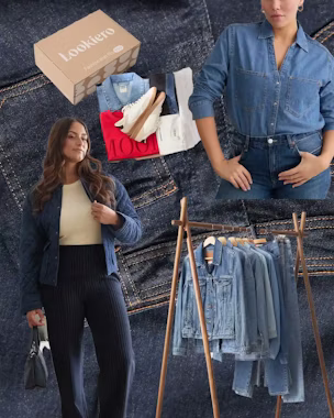 Collage of denim outfits featuring jean jackets, shirts, skirts and trousers; Lookiero box and clothes rack with denim jackets in different blue shades.