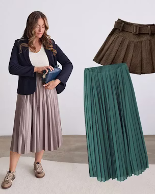 Woman in beige pleated midi skirt and blazer holding a clutch; collage includes green long pleated skirt and brown short pleated skirt.