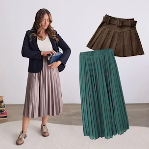 Woman in beige pleated midi skirt and blazer holding a clutch; collage includes green long pleated skirt and brown short pleated skirt.