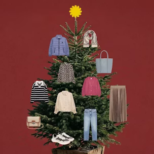 A Christmas tree with various garments hanging from it, as if they were garlands.