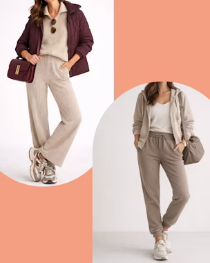 One model wears beige trousers, sneakers, a burgundy jacket and matching handbag; another model wears dark beige trousers, a knit jacket, shirt and beige bag.