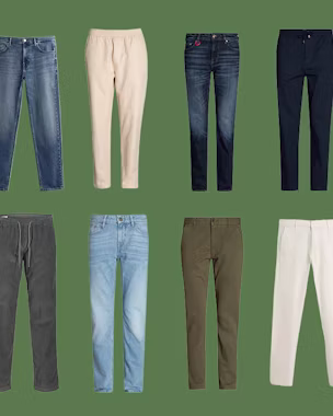 A product showcase displaying eight pairs of men's trousers arranged in two horizontal rows of four against a muted green backdrop.