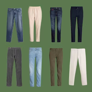 A product showcase displaying eight pairs of men's trousers arranged in two horizontal rows of four against a muted green backdrop.
