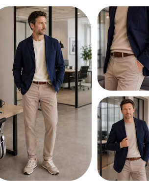 Man wearing a navy blazer, beige T-shirt, light chinos and sneakers in a modern office.
