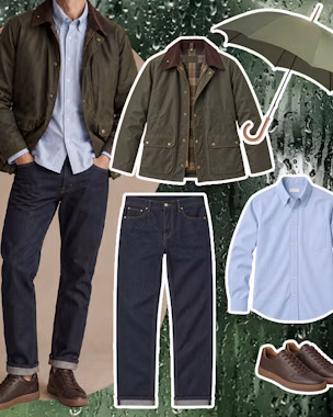 Stylish rainy day outfit for men with practical layers and weather-ready pieces for wet autumn days.