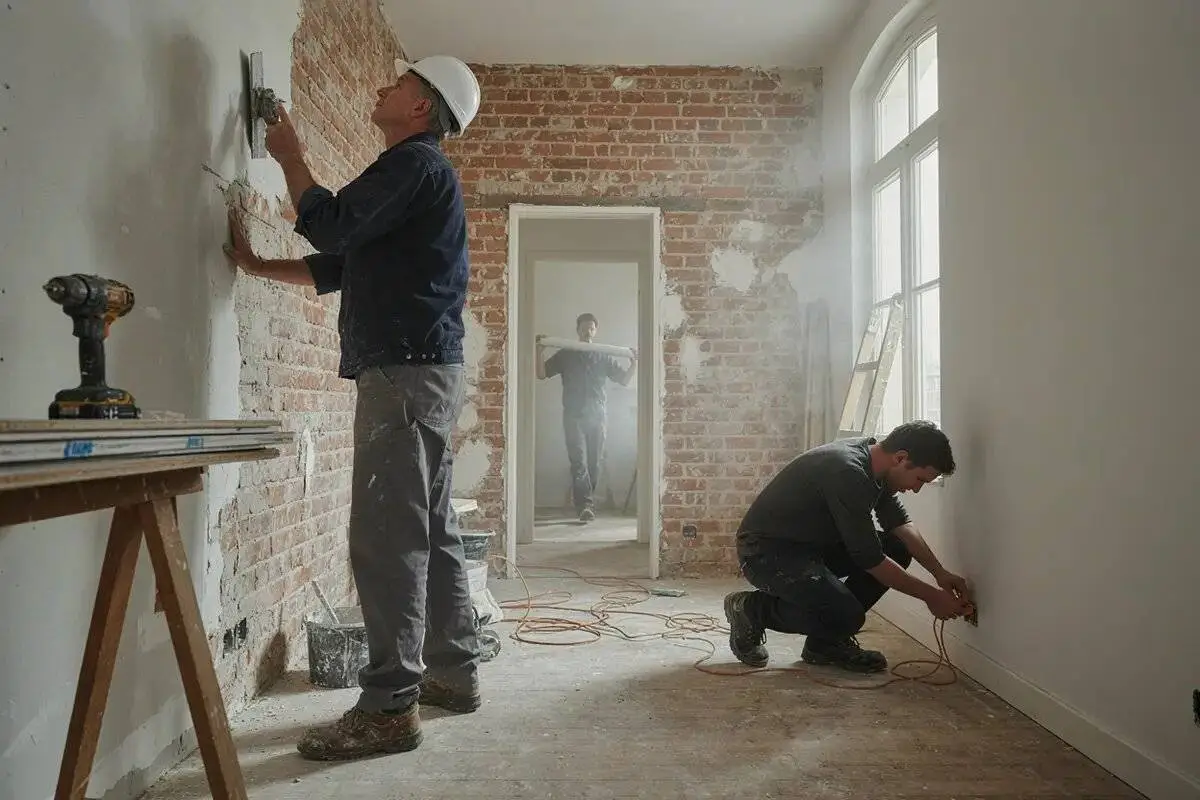 Artisans du bâtiment en train de réaliser des travaux de rénovation et d'électricité dans un appartement ancien pour générer du déficit foncier.