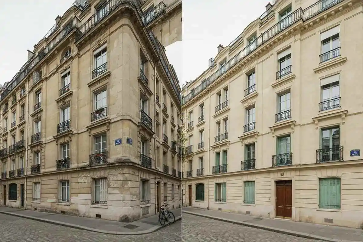 Comparatif avant-après de la rénovation de la façade en pierre d'un immeuble ancien à Paris, éligible au dispositif de défiscalisation du déficit foncier.