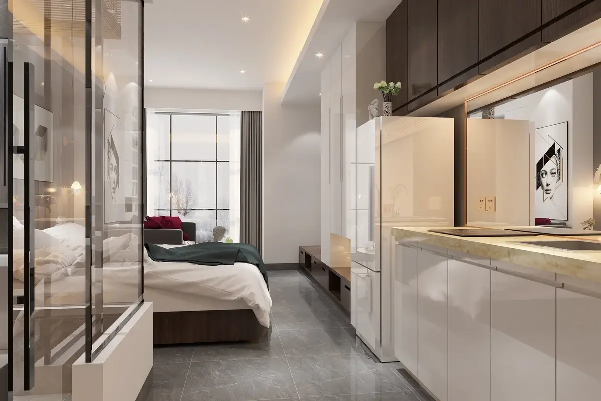 Studio contemporain entièrement meublé et équipé avec coin cuisine et espace nuit, idéal pour un investissement locatif sous le statut LMNP ou LMP.
