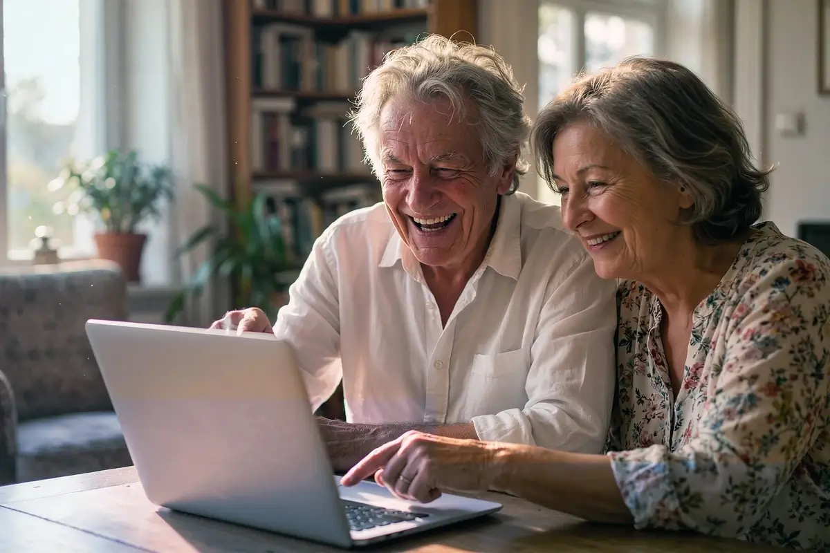 Couple de seniors souriants devant un ordinateur portable, simulant un projet d'investissement en LMNP géré pour compléter leurs revenus à la retraite.