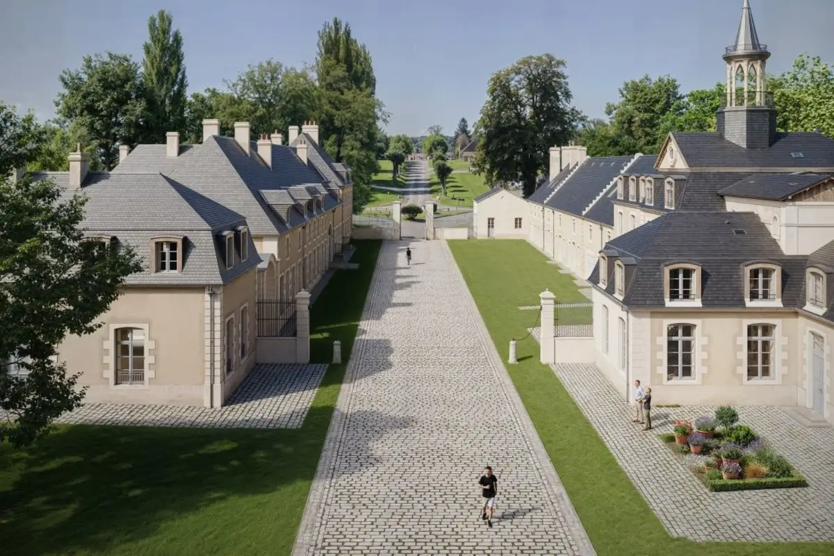 Projet de réhabilitation d'un monument historique et de ses dépendances en vue d'un investissement en Loi Malraux, mettant en valeur une allée pavée centrale et des toitures en ardoise rénovées.