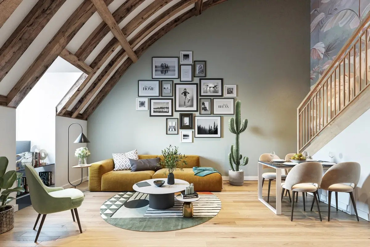 Rénovation intérieure d'un logement sous les combles avec poutres apparentes, salon design et décoration moderne éligible à la défiscalisation immobilière Loi Malraux.