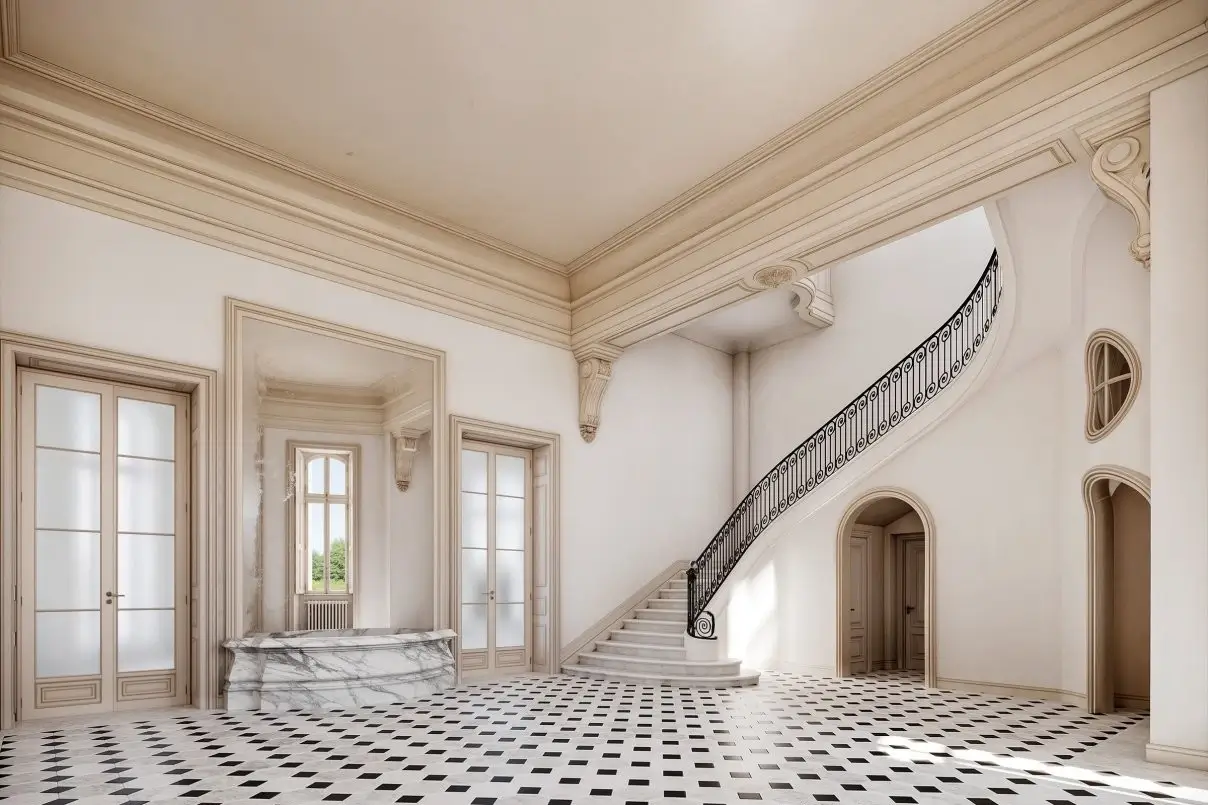 • Hall d'entrée majestueux d'un immeuble ancien restauré avec un escalier en pierre, rampe en fer forgé et sol en damier, idéal pour un investissement locatif d'exception en loi Malraux.