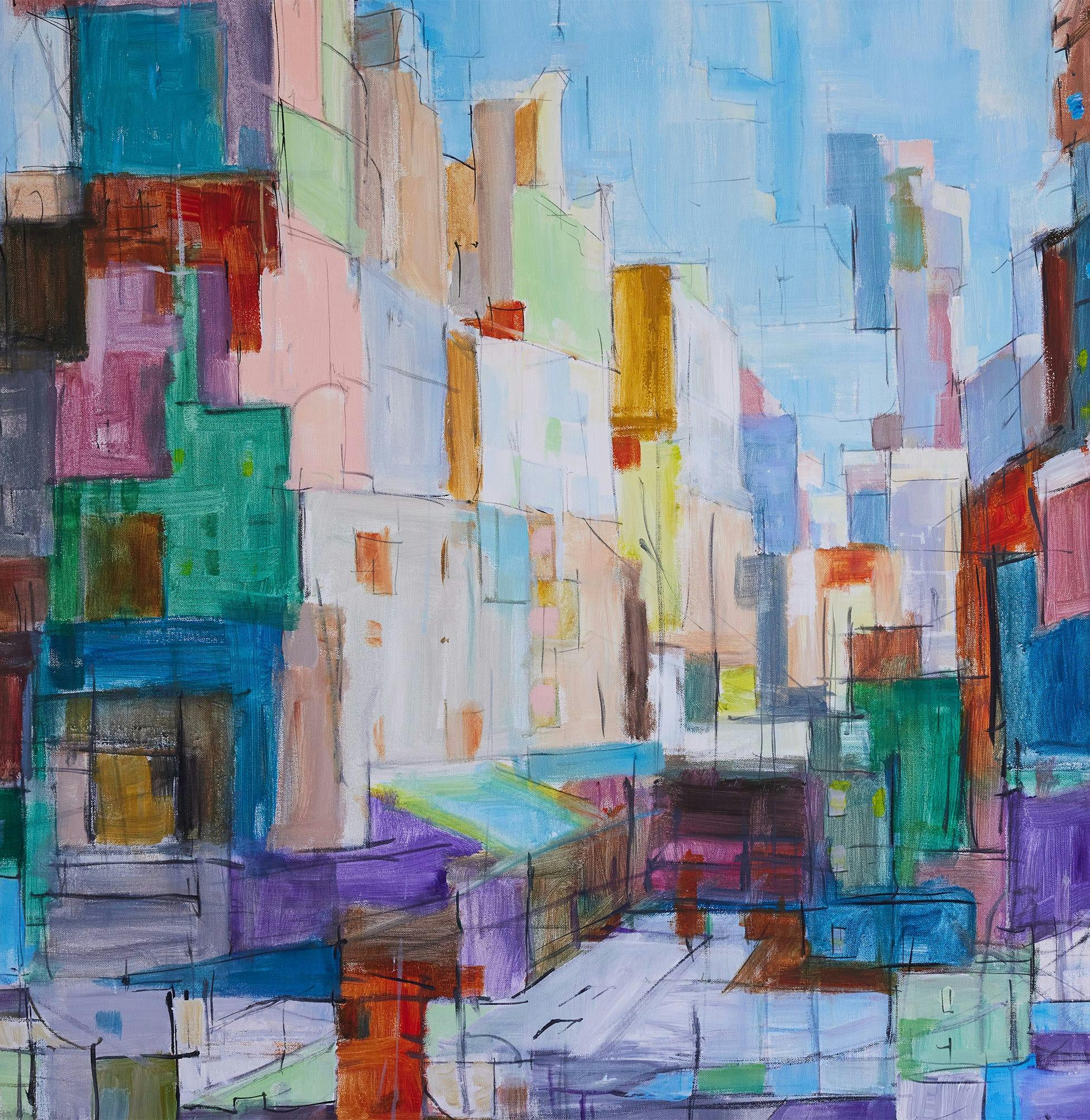 painting of a city street with a bus and a bus on the road