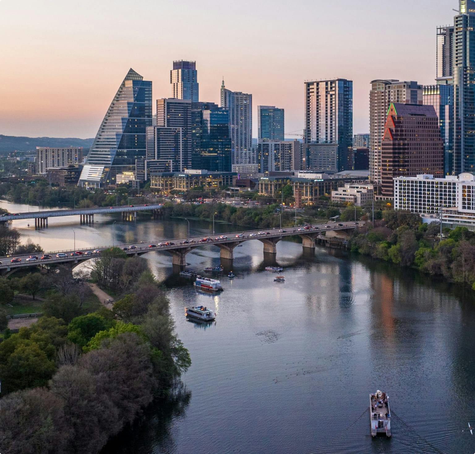 Aerial view of Austin at dusk
