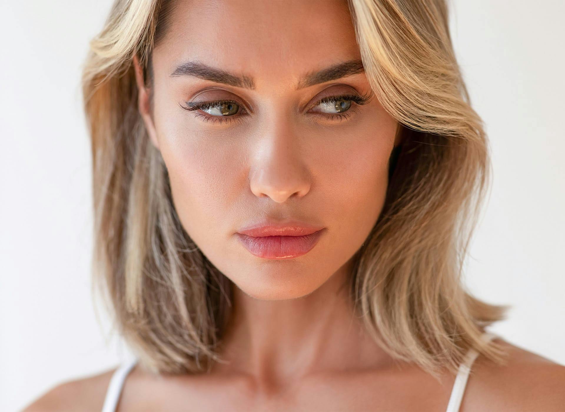 woman with blonde hair looking right