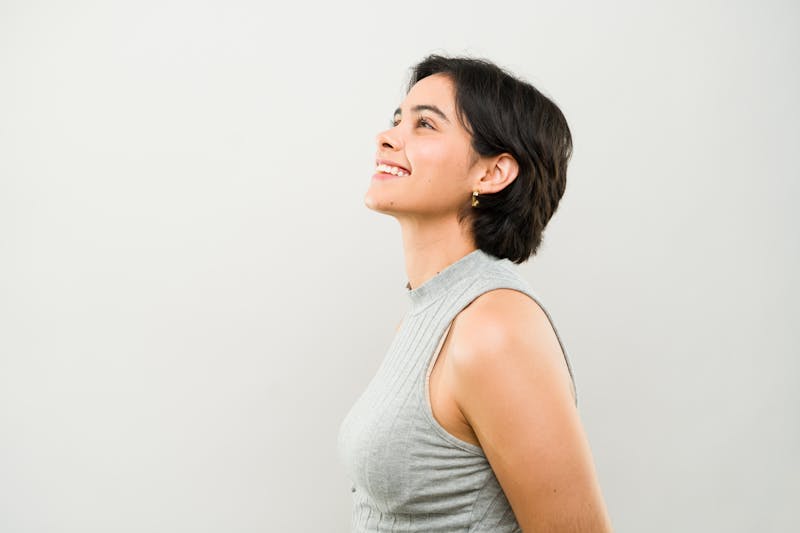 Woman looking up and smiling