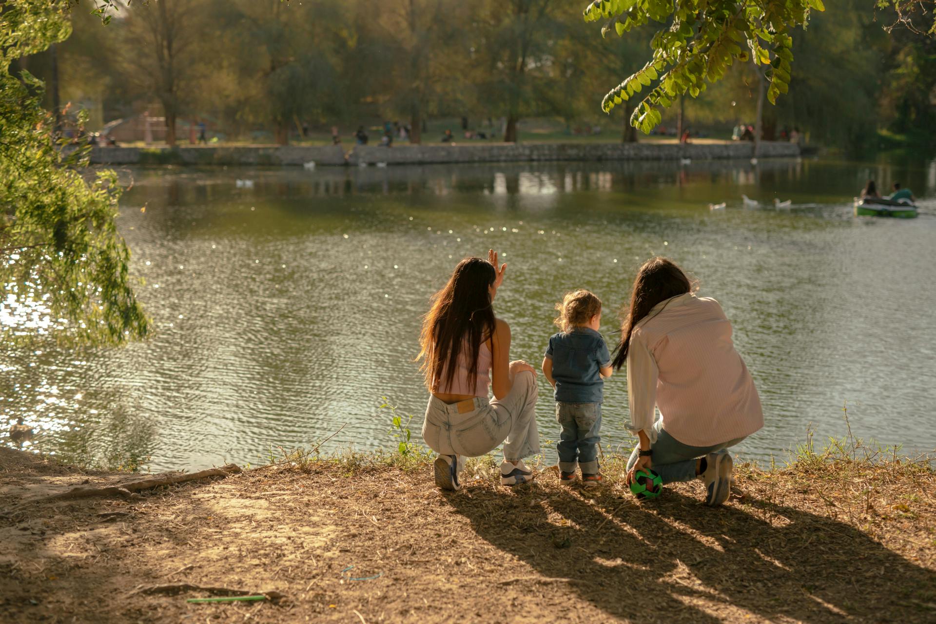 happy family at lake