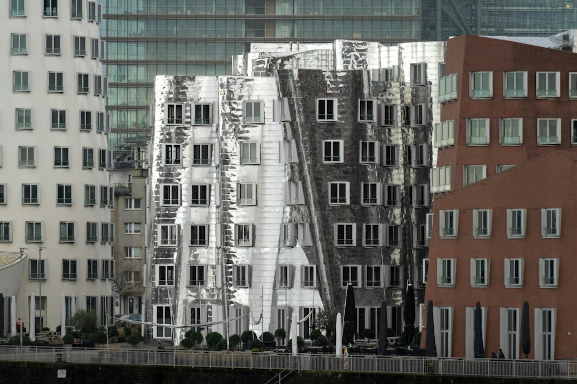 The unusually shaped Gehry buildings (Neuer Zollhof) in Düsseldorf's MedienHafen.