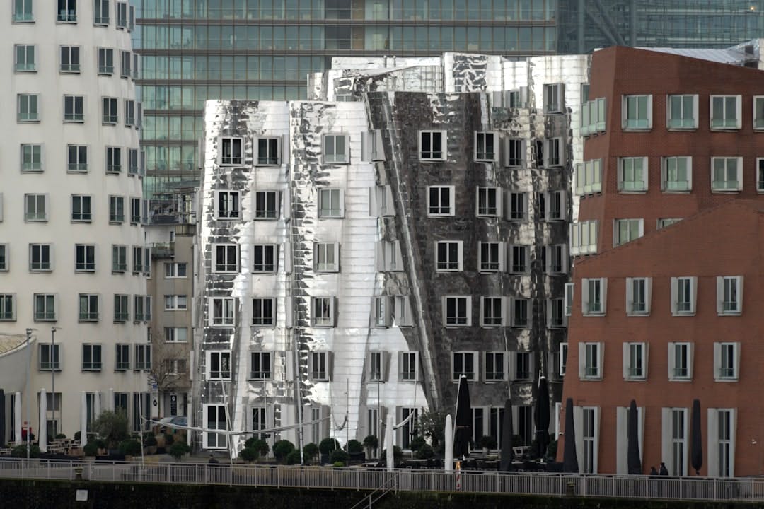 The unusually shaped Gehry buildings (Neuer Zollhof) in Düsseldorf's MedienHafen.