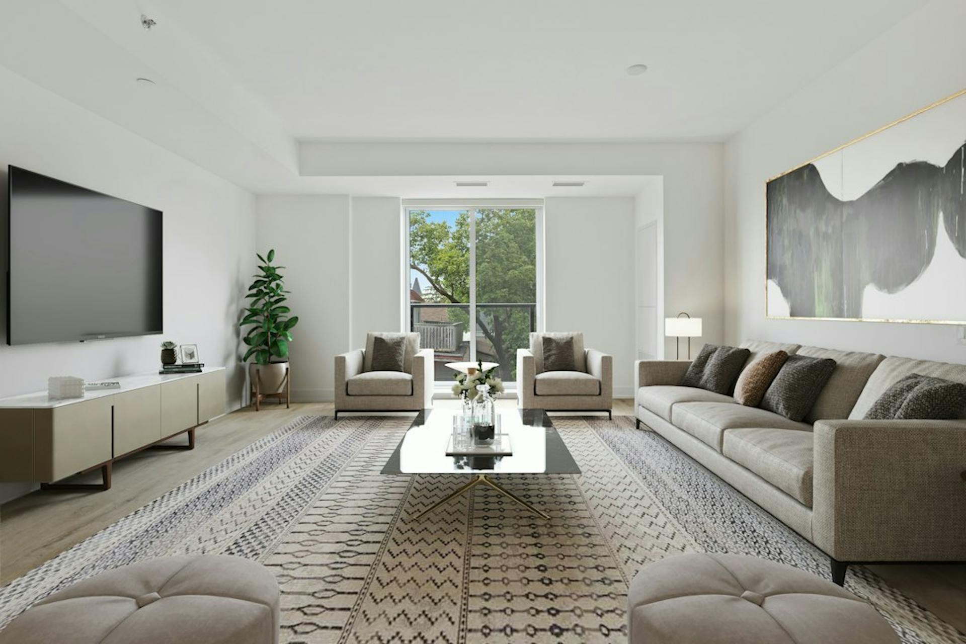 Bright living room with a grey sofa and large windows (Photo by Point3D Commercial Imaging Ltd. on Unsplash)