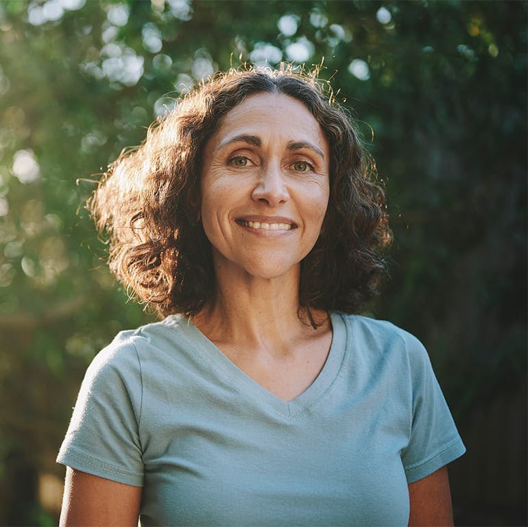 woman with short curly brown hair