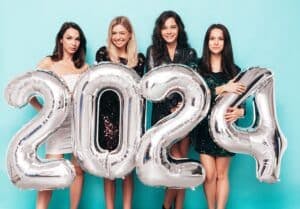 Four,Beautiful,Women,Celebrating,New,Year.,Happy,Gorgeous,Female,In