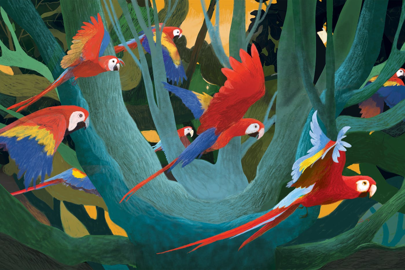 Ilustracija barvnih letečih papig med drevesi