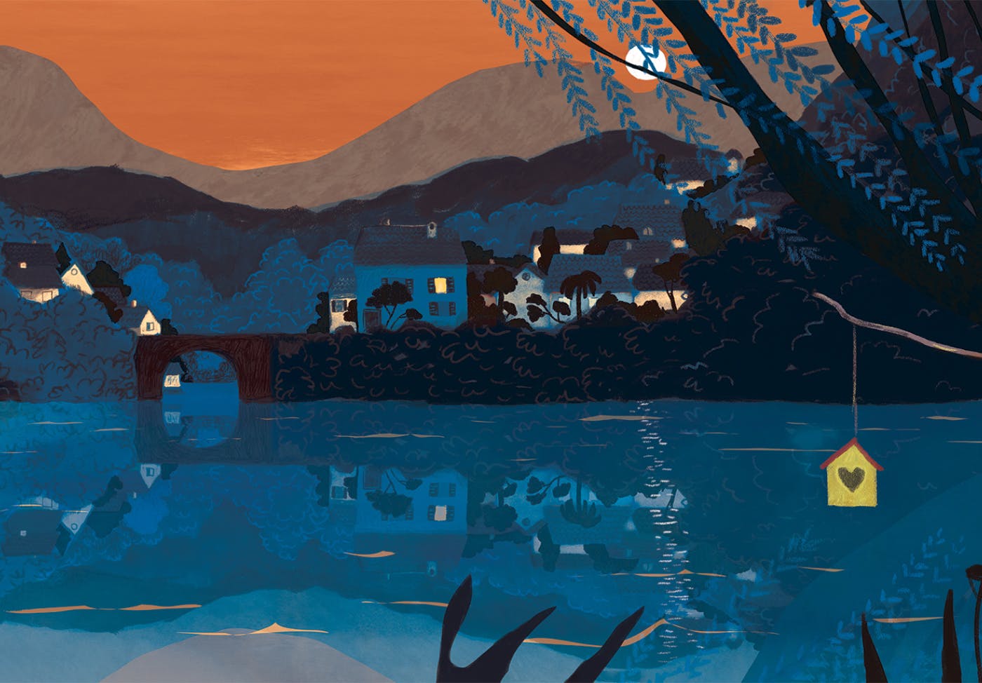 Ilustracija sončnega zahoda nad reko