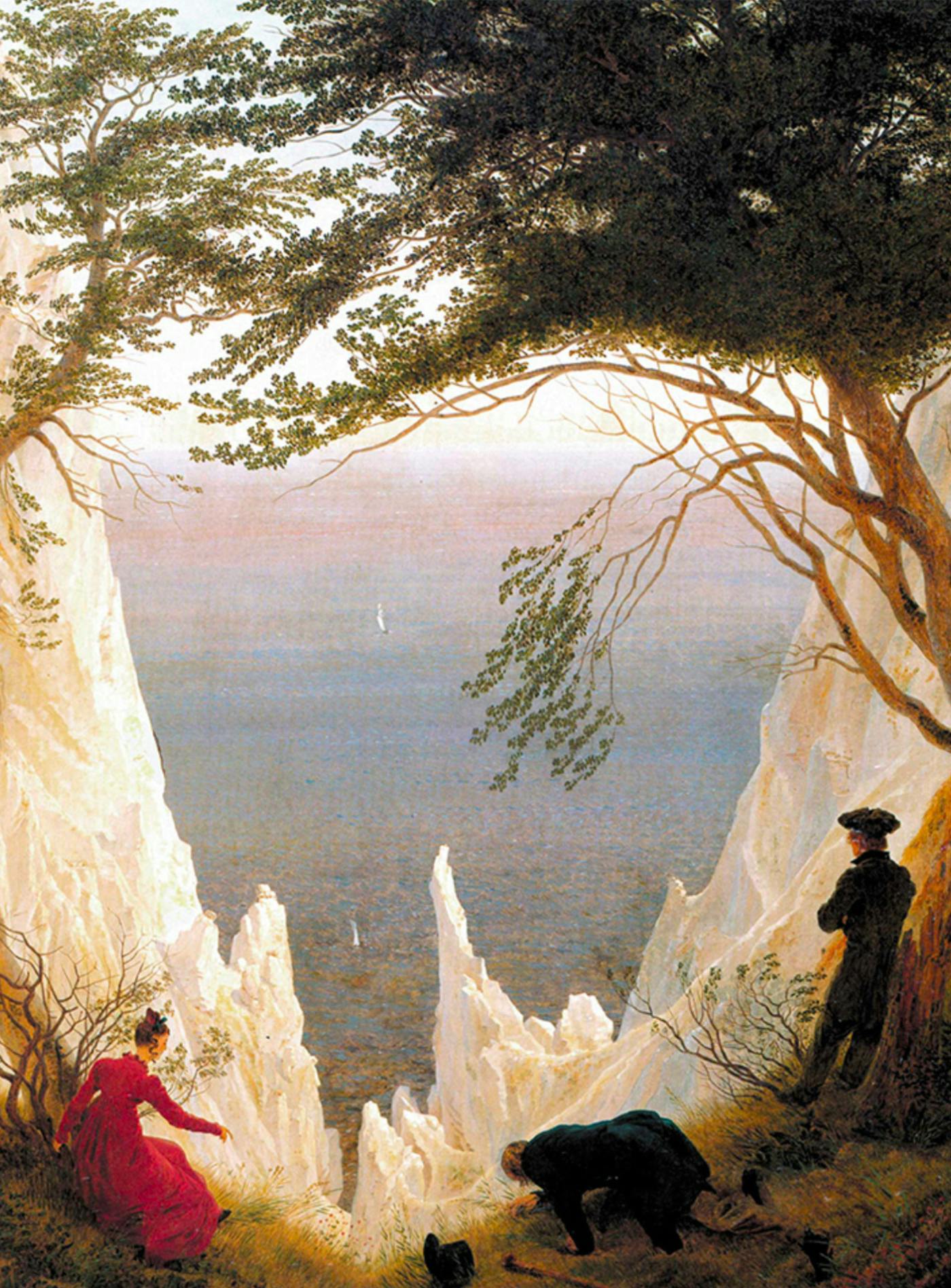 Ilustracija visokega zaliva - tri osebe gledajo v morje spodaj