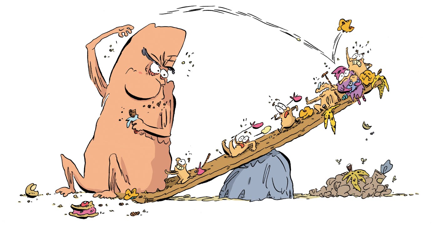 Ilustracija velike prikazni, ki sedi na lesenem nihalu, na katerem so majhne prikazni