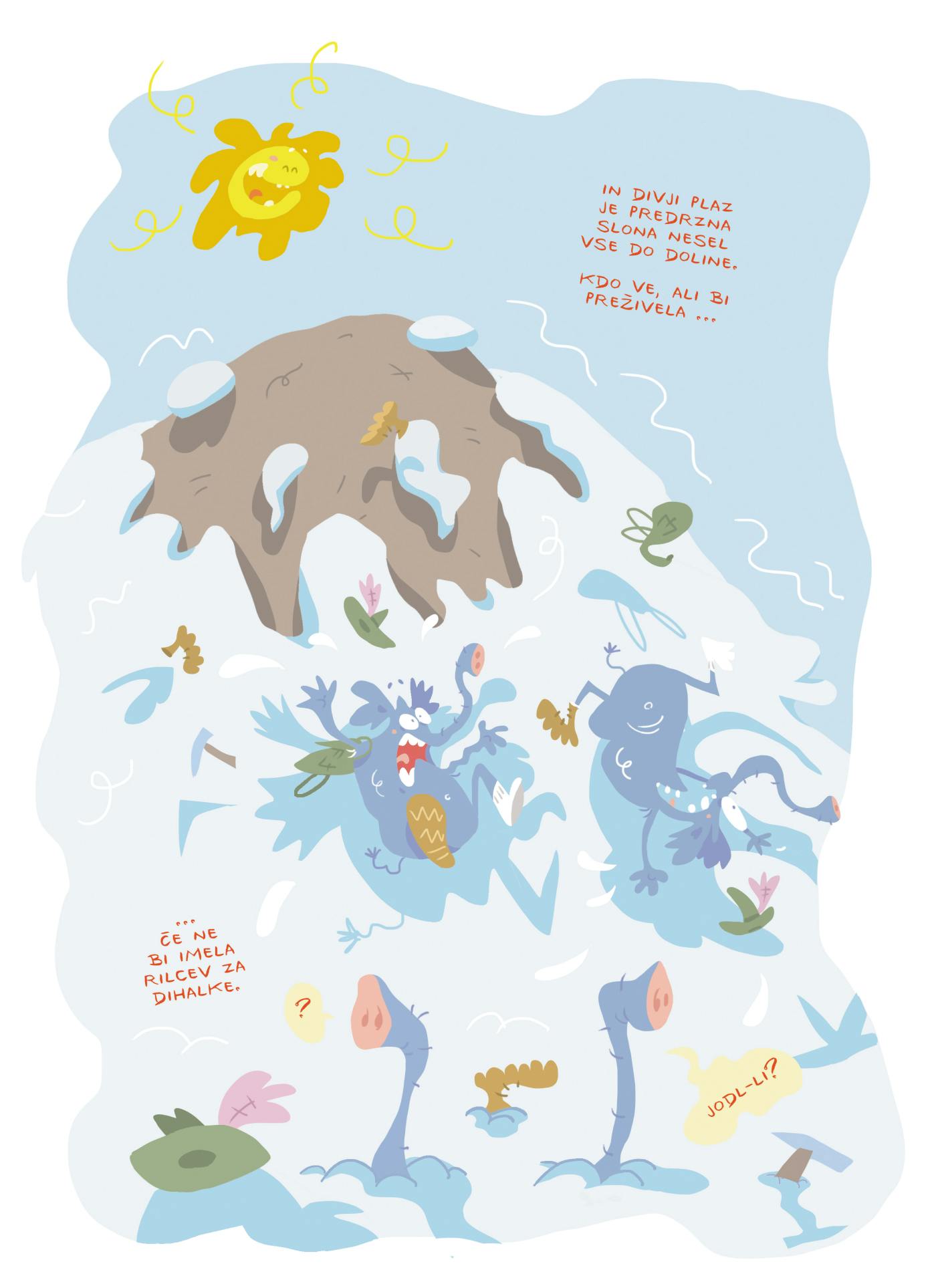 Ilustracija zasneženega hriba, po katerem se spuščajo razni liki