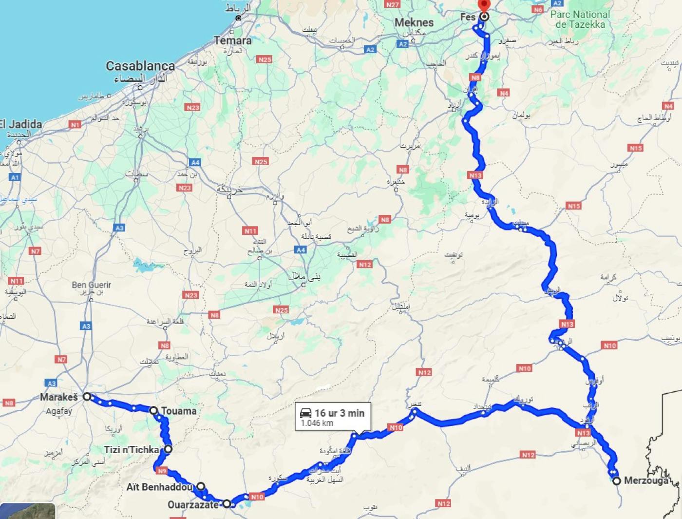 Posnetek načrtovane poti po maroku iz Google Maps.