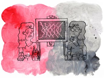 Ilustracija dveh žensk, ki sedita vsaka na svoji strani naprave, na katero sta priklopljeni