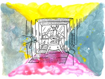 Ilustracija psa na povodcu, ki kaže zobe, za njim stoji človek s prestrašenim izrazom na obrazu