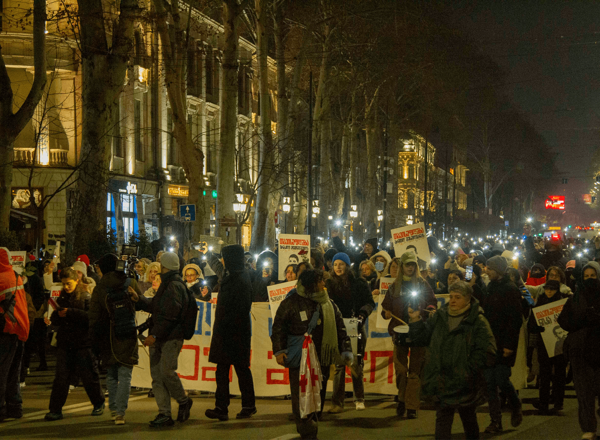 Velika skupina protestnikov na ulici, v rokah držijo transparente in lučke