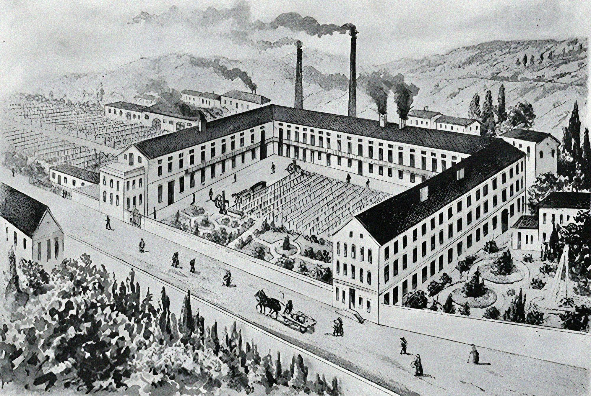 Črno-bela ilustracija stare tovarne slamnikov