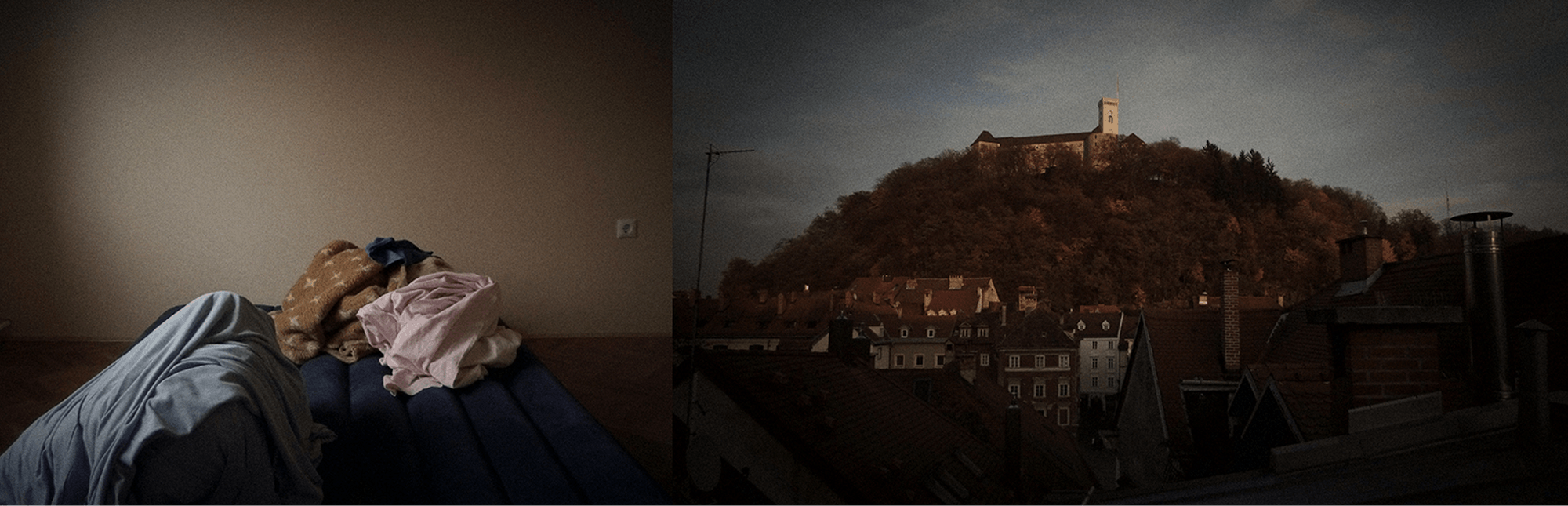 Dve fotografiji, na eni so odeje na postelji, na drugi ljubljanski grad