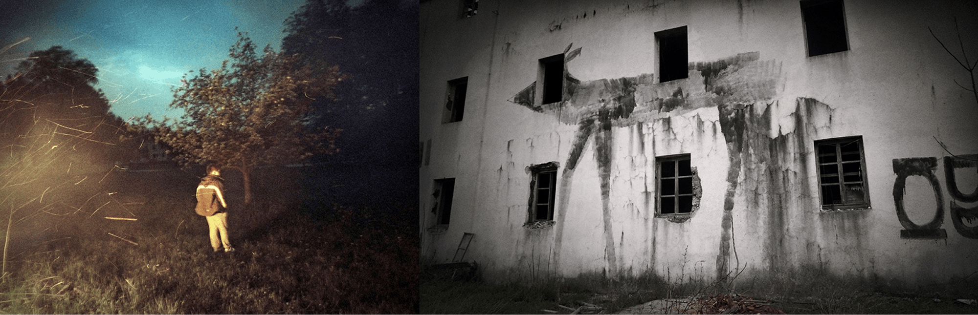 Dve fotografiji, na eni je oseba, ki stoji sredi travnika, na drugi grafit na zapuščeni stavbi