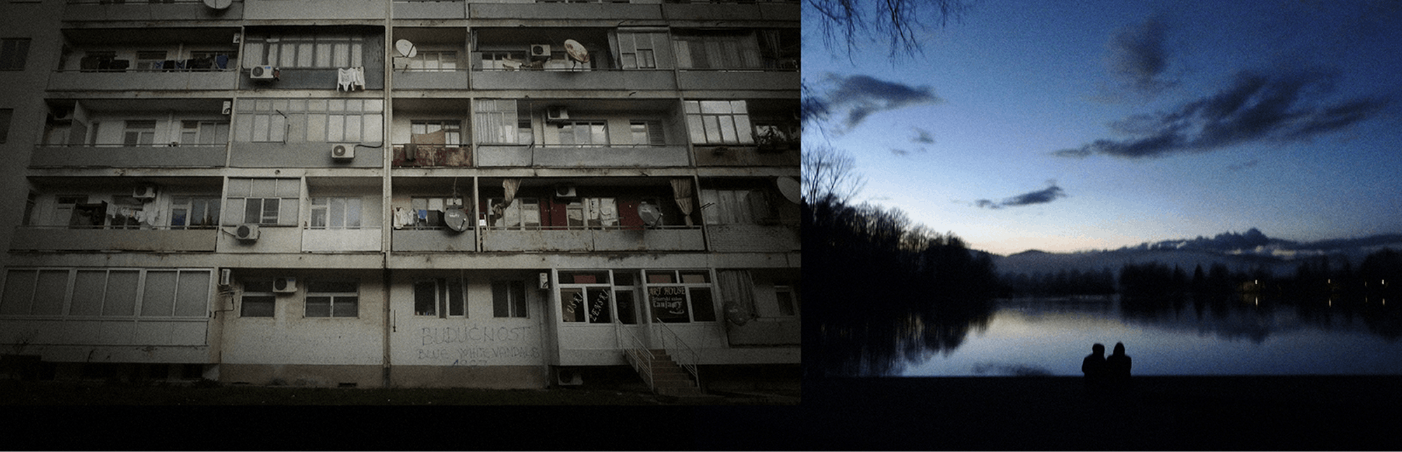 Dve fotografiji, na eni je stanovanjski blok, na drugi jezero ob sončnem zahodu