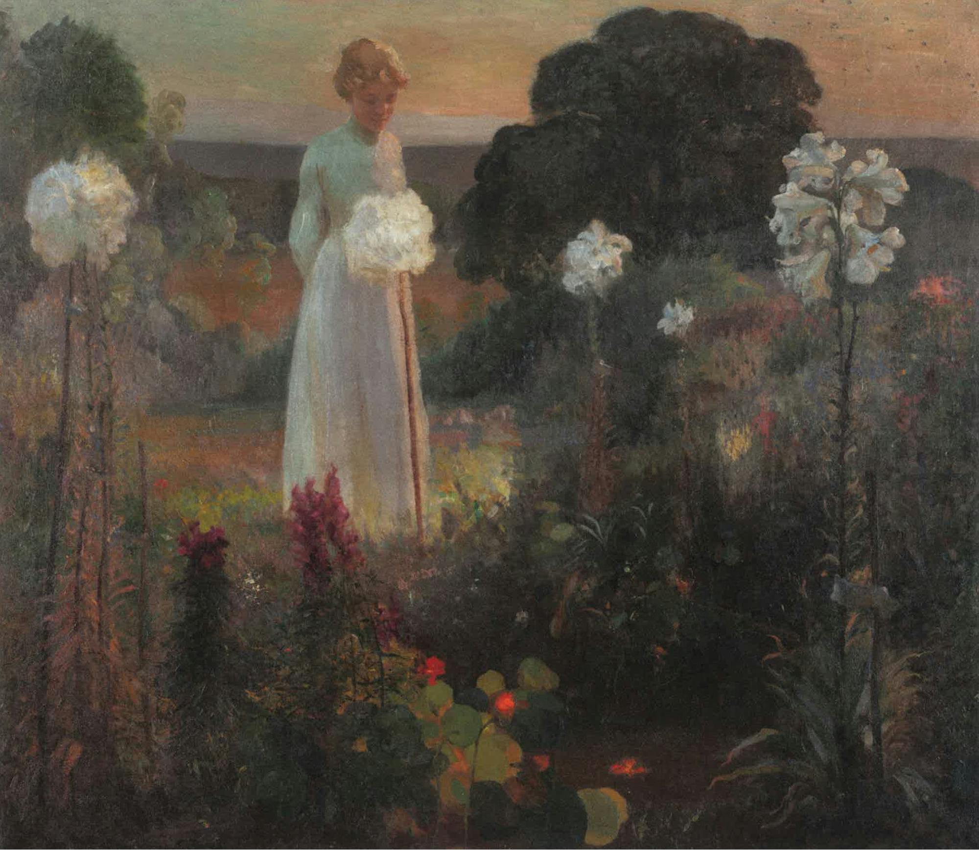 Slika ženske, ki stoji ob vrtu s cvetlicami