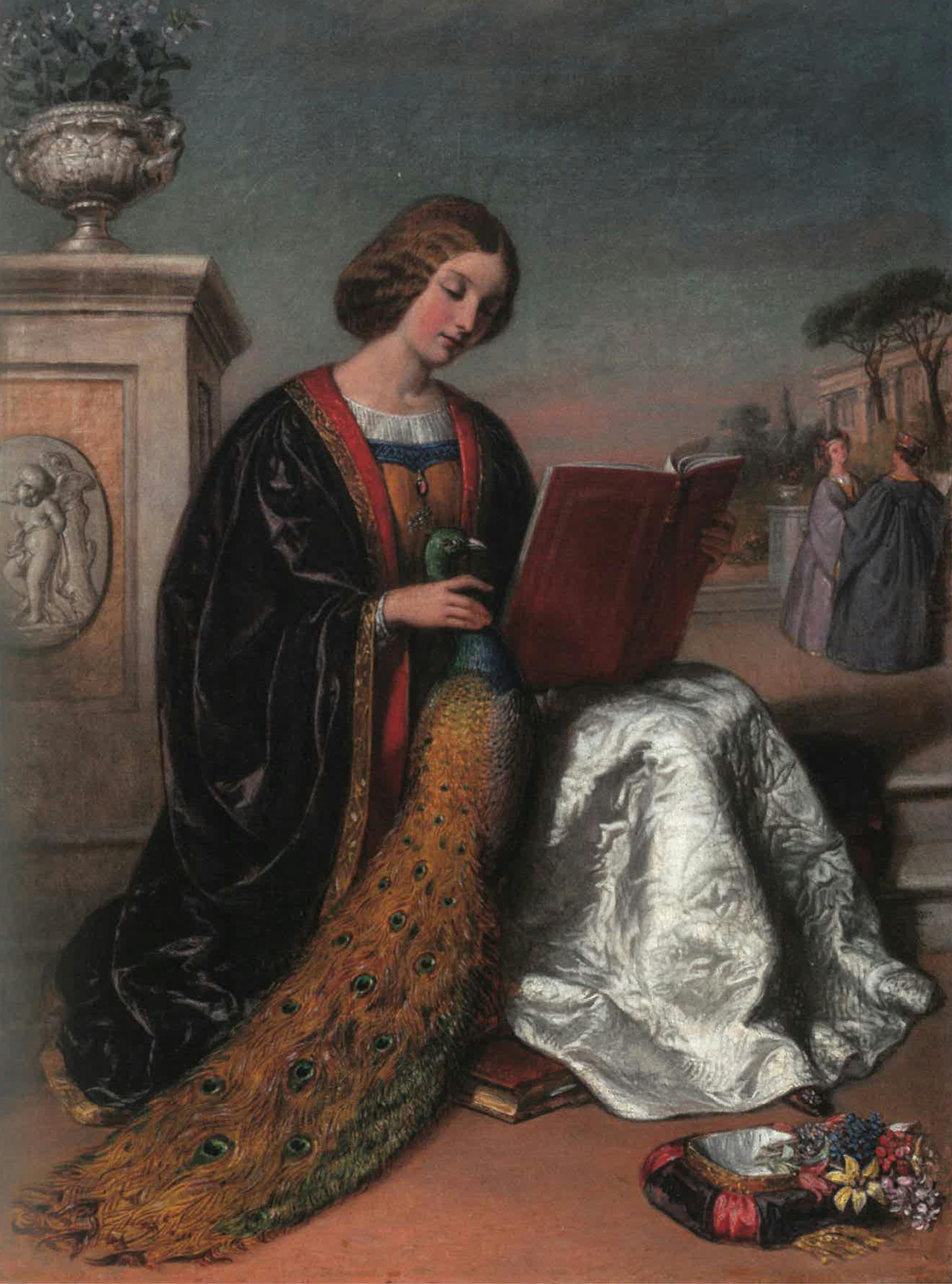 Slika ženske, ki bere knjigo s pavom v naročju