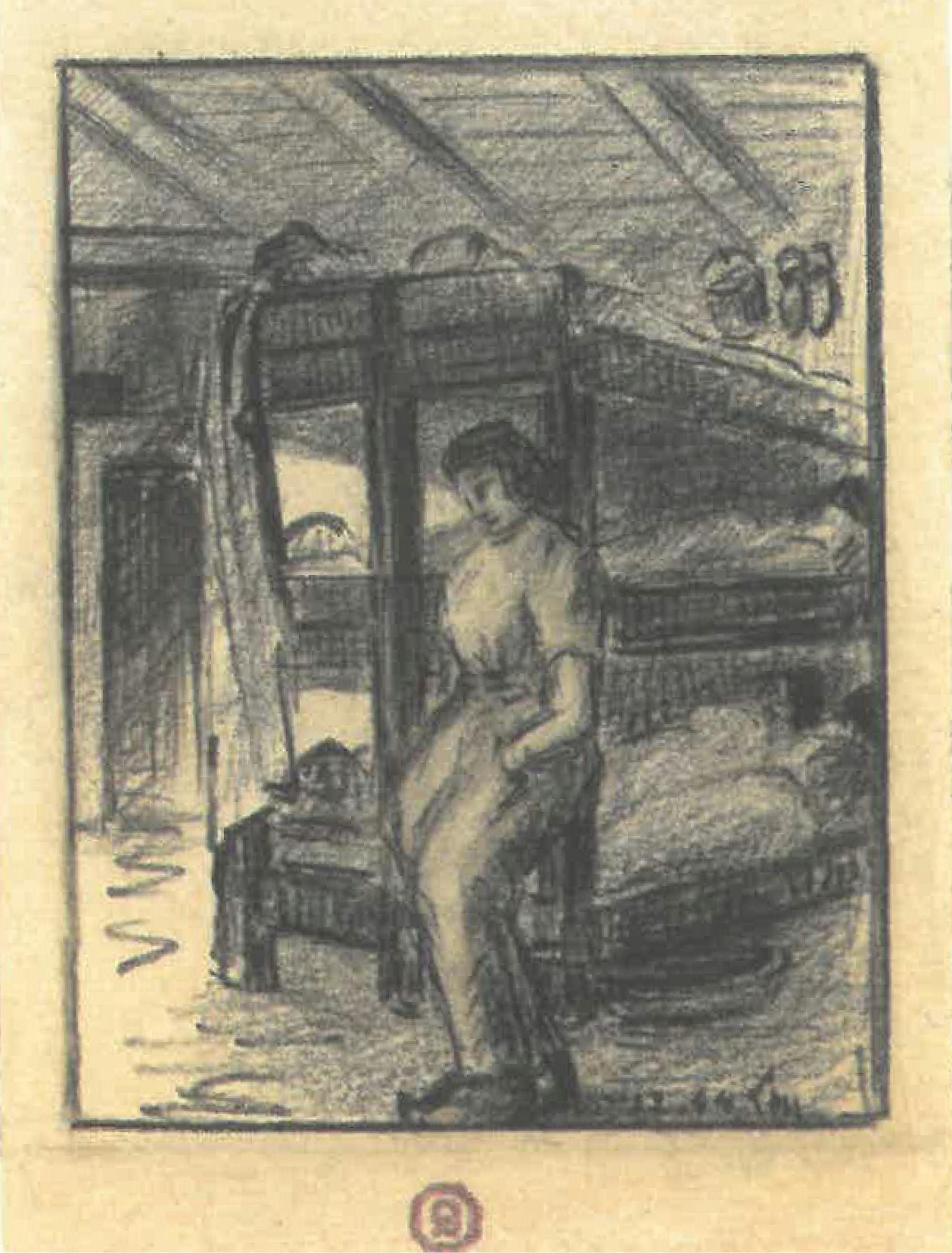 Risba ženske, ki je naslonjena na pograd