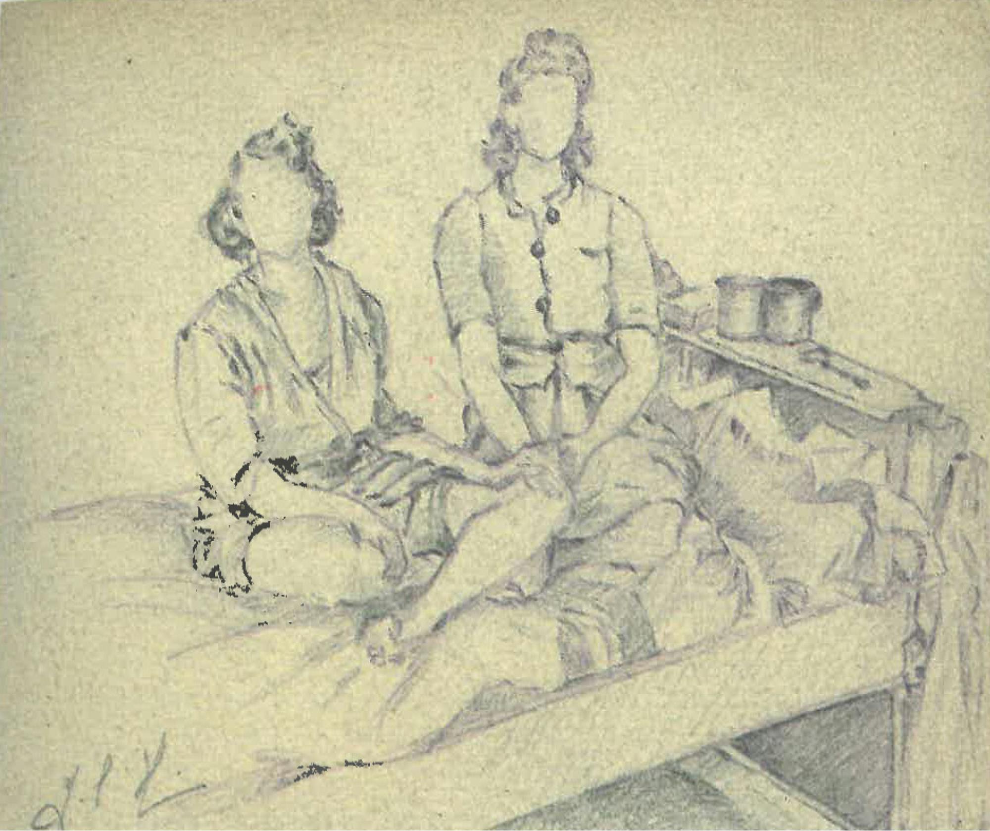 Risba dveh žensk na postelji