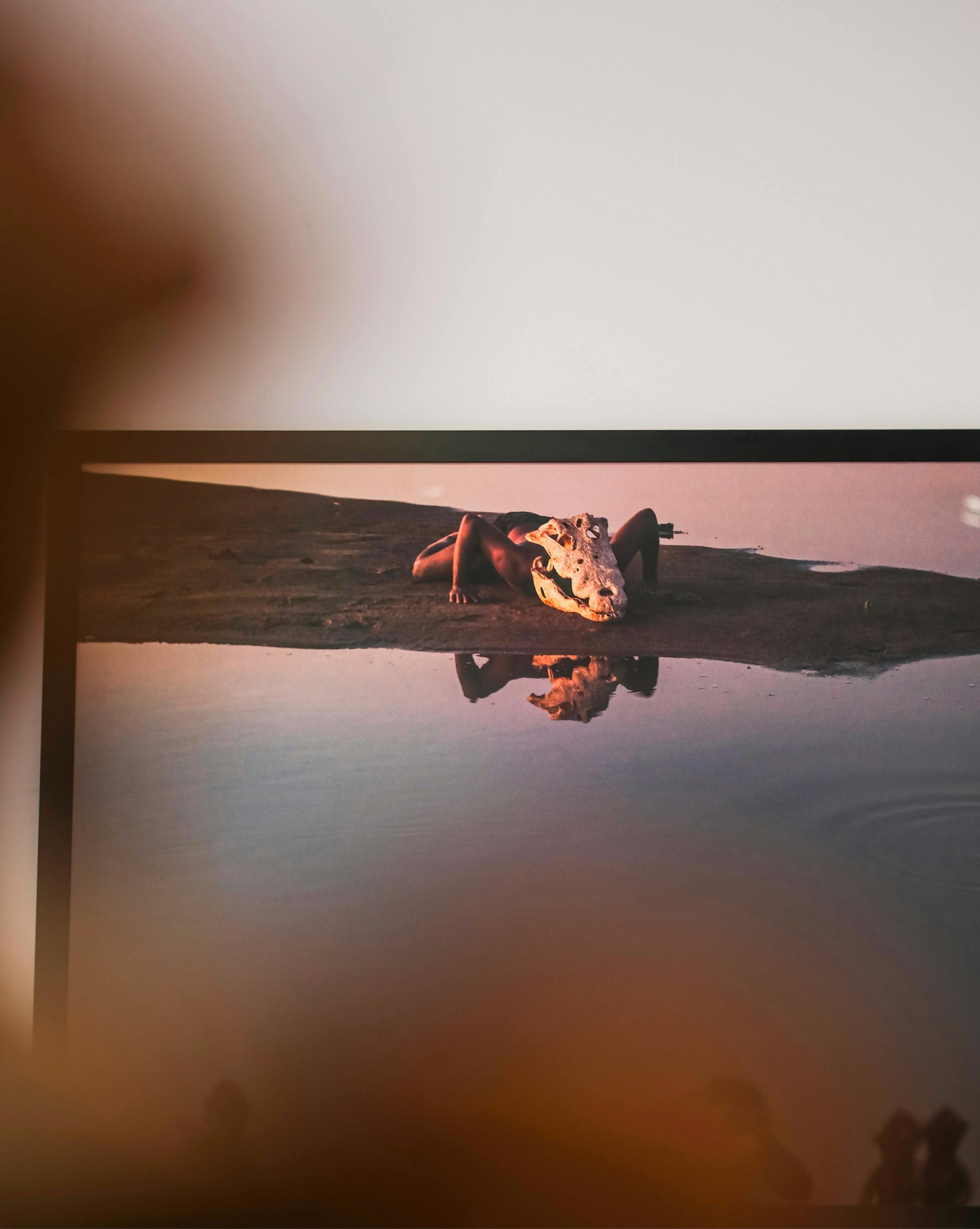 Fotografija na razstavi, na njej je človek z živalsko masko