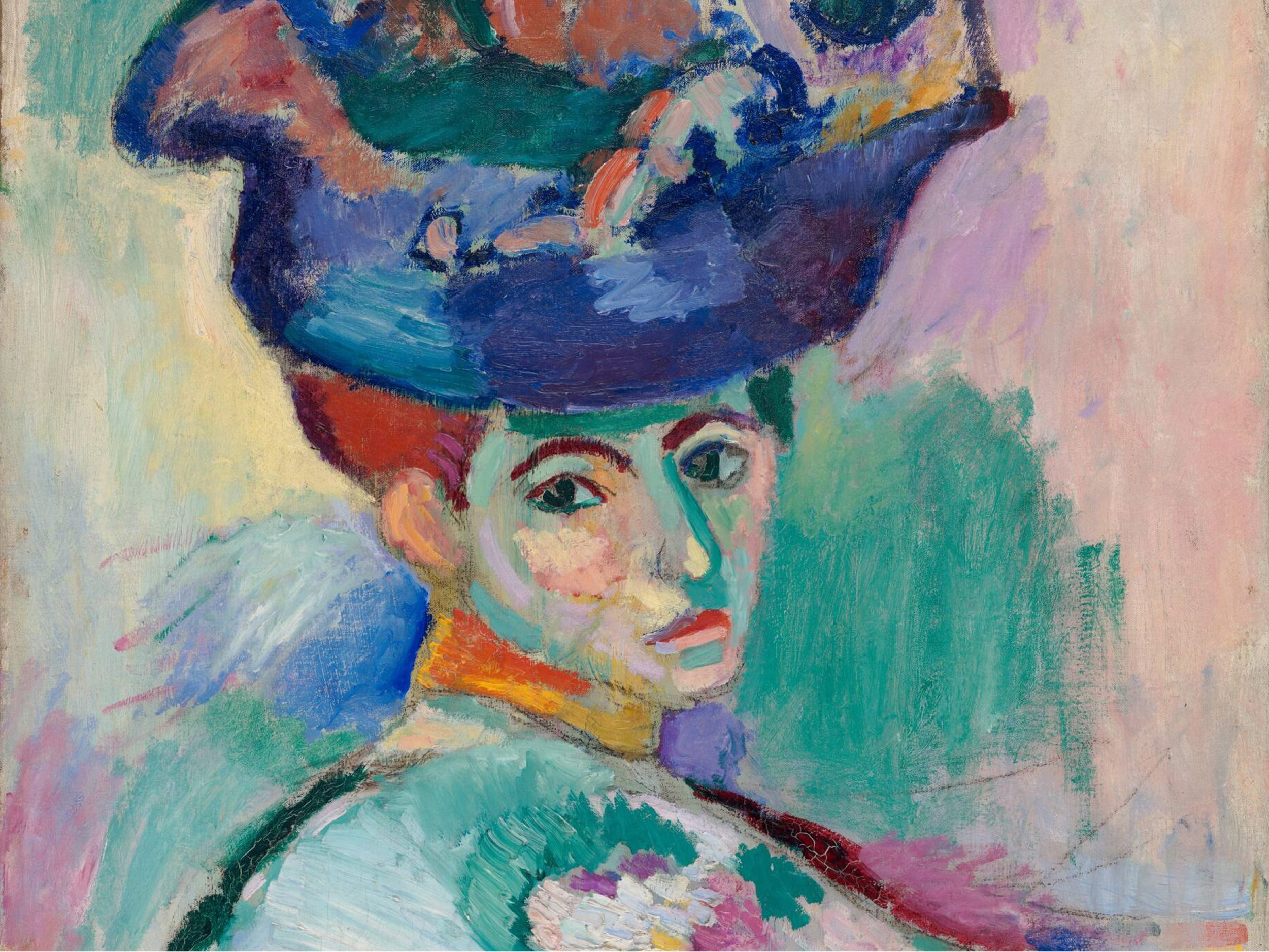 Barvita slika ženske z velikim klobukom